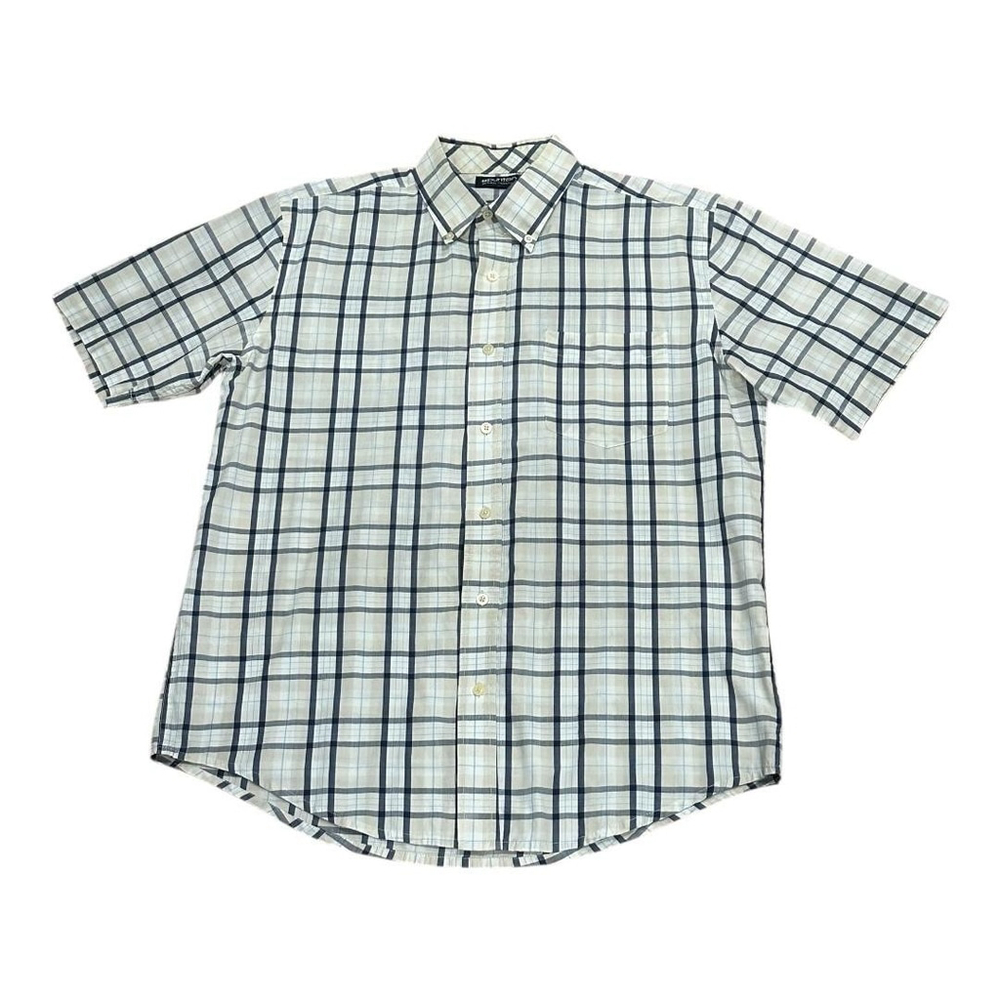 Puritan Shirt Mens Medium Blue Plaid Short Sleeve Button Front Wrinkle Resistant